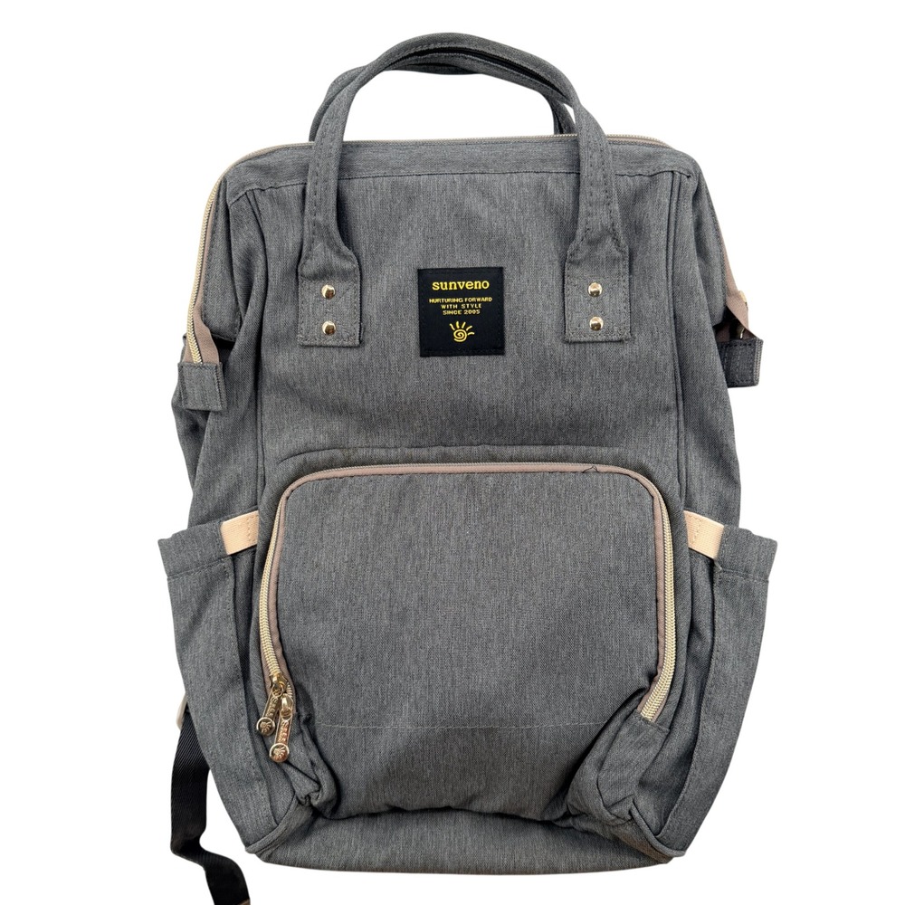 Sunveno Diaper Bag Backpack Grey Heather USB Charging Port Travel Baby Bag